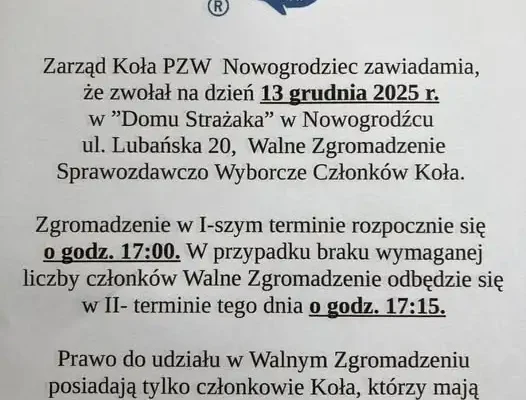 Walne Zgromadzenie Koła PZW Nowogrodziec – 13 grudnia 2025 r.
