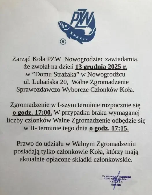 Walne Zgromadzenie Koła PZW Nowogrodziec – 13 grudnia 2025 r.