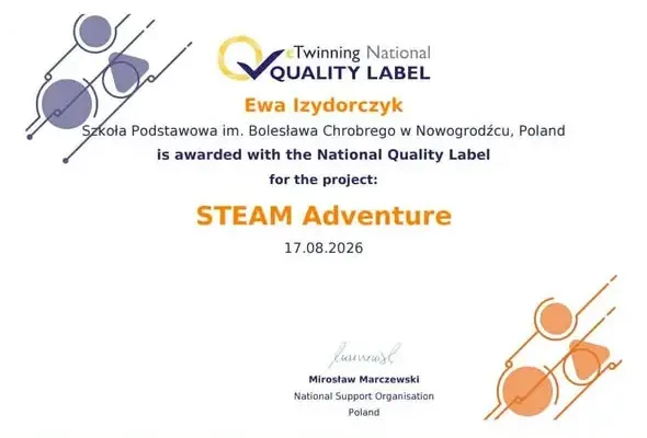 Klasa 3a nagrodzona Krajową Odznaką Jakości eTwinning za projekt „STEAM Adventure”
