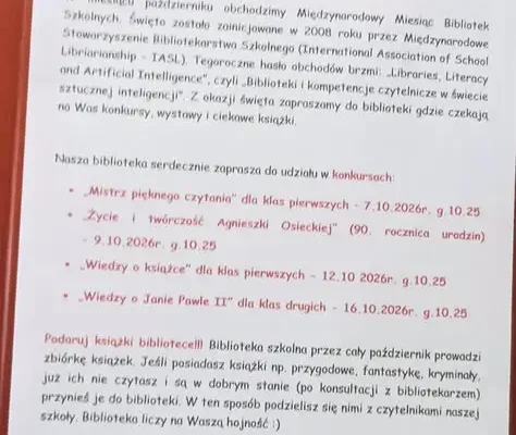 Międzynarodowy Miesiąc Bibliotek Szkolnych 2026 – konkursy i zbiórka książek