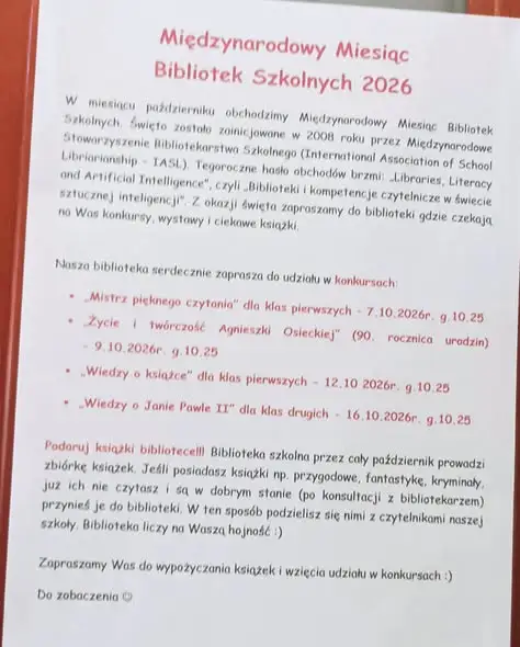 Międzynarodowy Miesiąc Bibliotek Szkolnych 2026 – konkursy i zbiórka książek